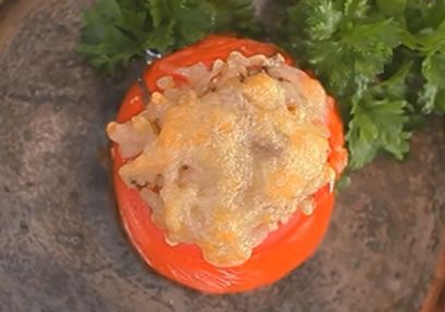 Cheesy Stuffed Tomatoes with Rice & Mushrooms